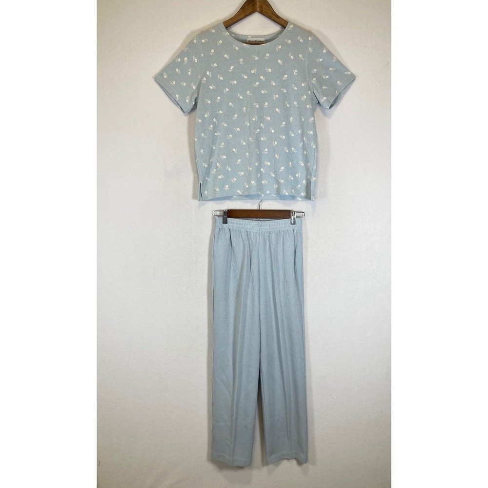 VTG Cottagecore Ecco Petites Womens Small Blue Floral Ribbed 2pc Pant Set Outfit